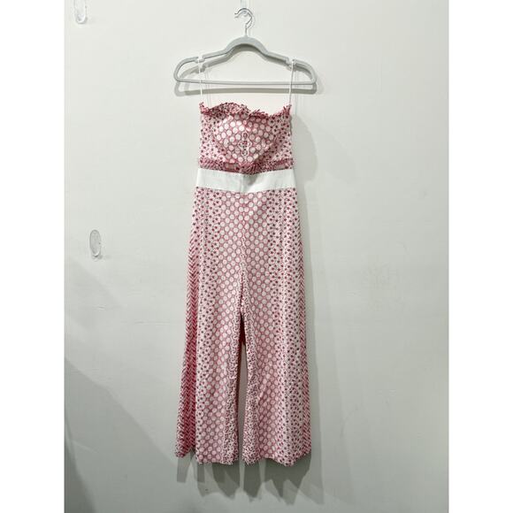 Alexis Barbara Pretti Embroidered Ruffle Wide Leg Jumpsuit Pink/White Women's S - Picture 2 of 5